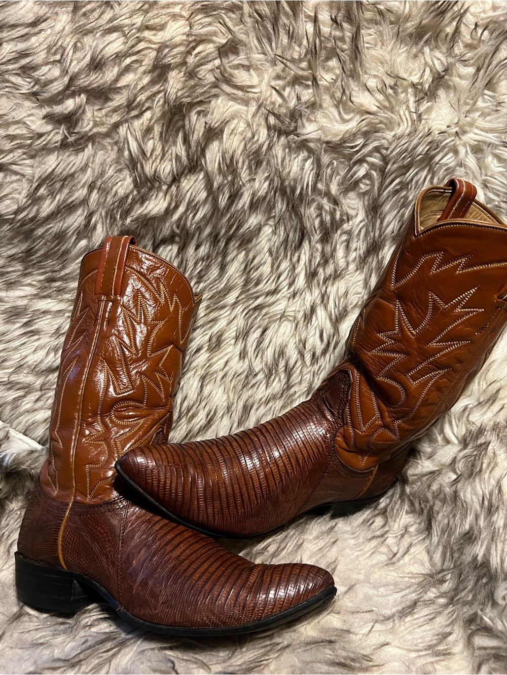 TONY LAMA BLK LABEL WOMEN LIZARD AND LEATHER COWGIRL BOOTS-pecan Brit-Sz 6